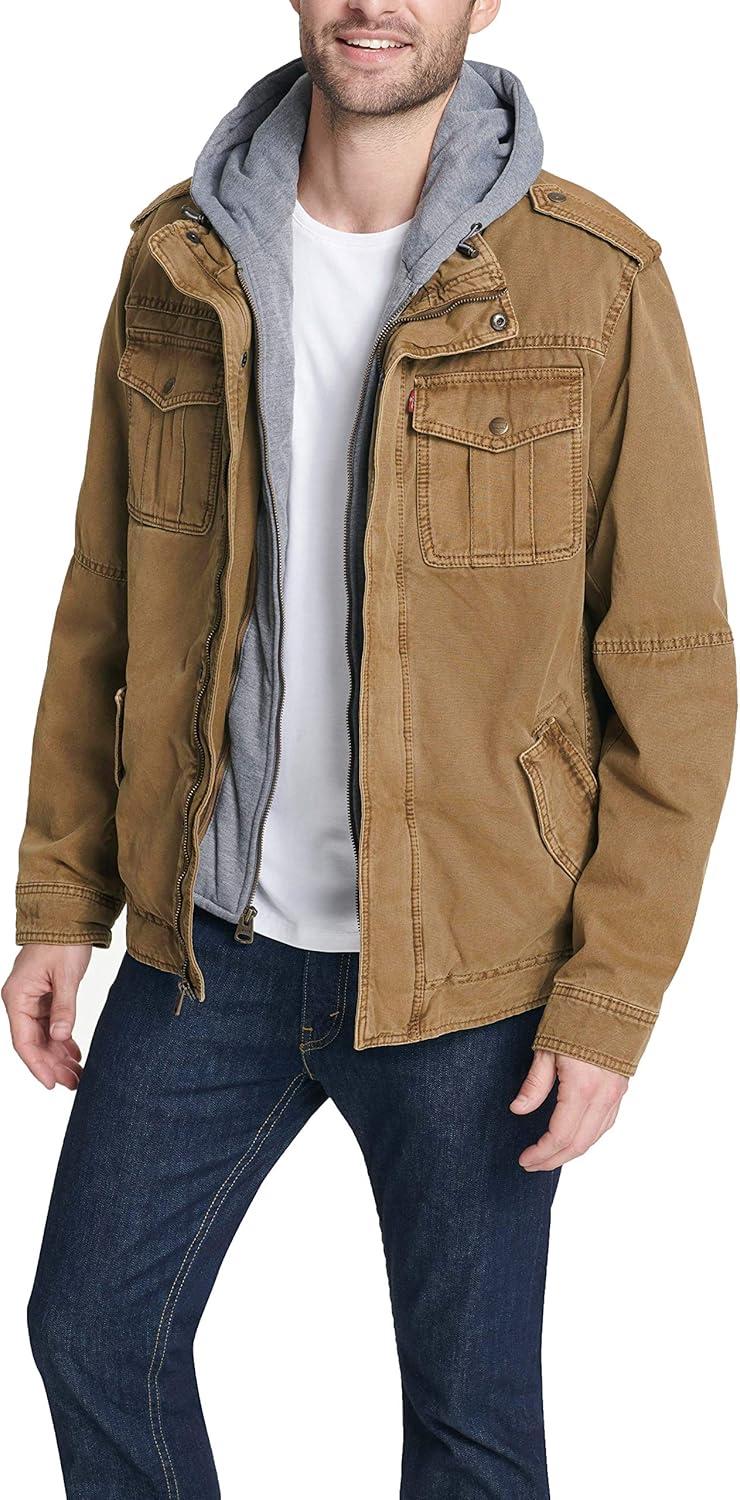 imageLevis Mens Washed Cotton Hooded Military Jacket Regular amp Big amp Tall SizesWorker BrownQuilted Lining
