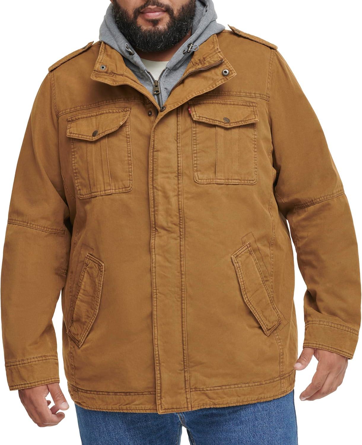 imageLevis Mens Washed Cotton Hooded Military Jacket Regular amp Big amp Tall SizesWorker BrownSherpa Lined