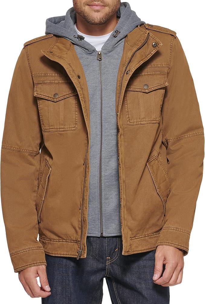 imageLevis Mens Washed Cotton Hooded Military Jacket Regular amp Big amp Tall SizesWorker BrownSherpa Lined