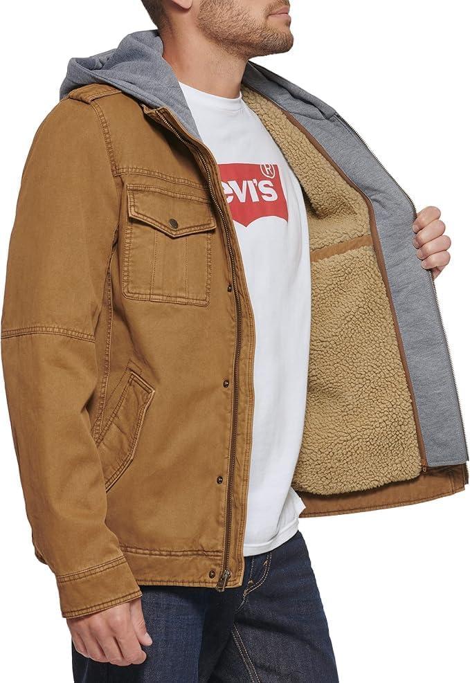imageLevis Mens Washed Cotton Hooded Military Jacket Regular amp Big amp Tall SizesWorker BrownSherpa Lined