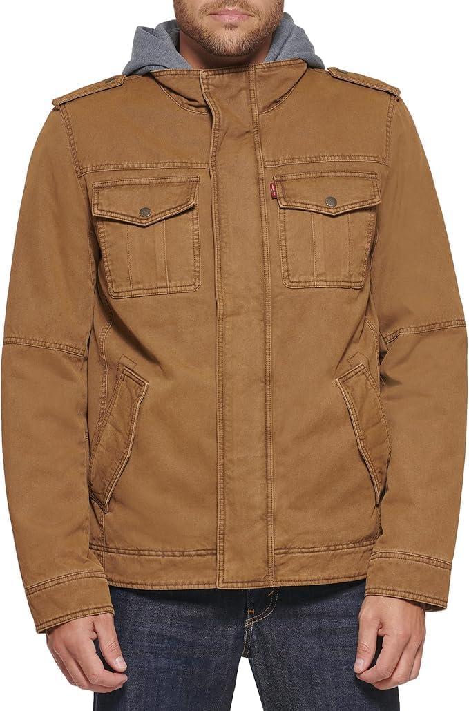 imageLevis Mens Washed Cotton Hooded Military Jacket Regular amp Big amp Tall SizesWorker BrownSherpa Lined