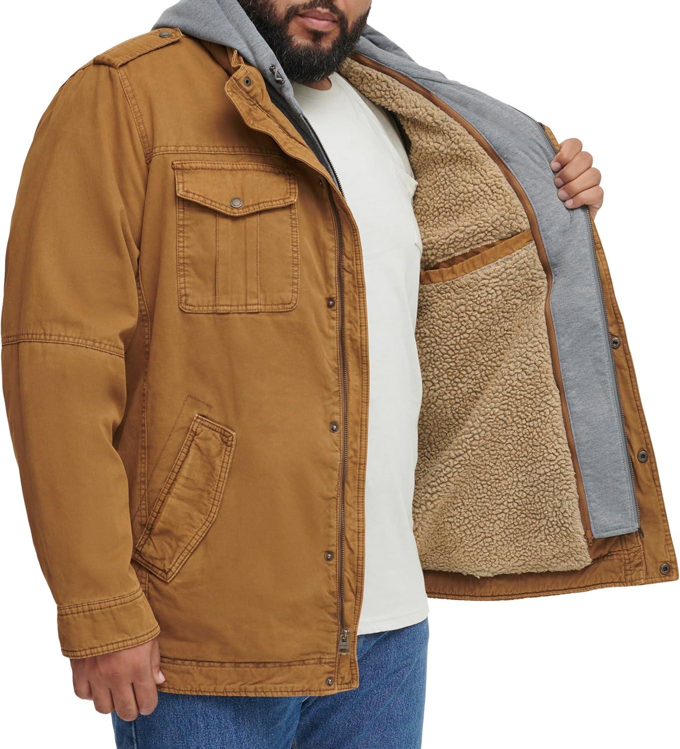 imageLevis Mens Washed Cotton Hooded Military Jacket Regular amp Big amp Tall SizesWorker BrownSherpa Lined