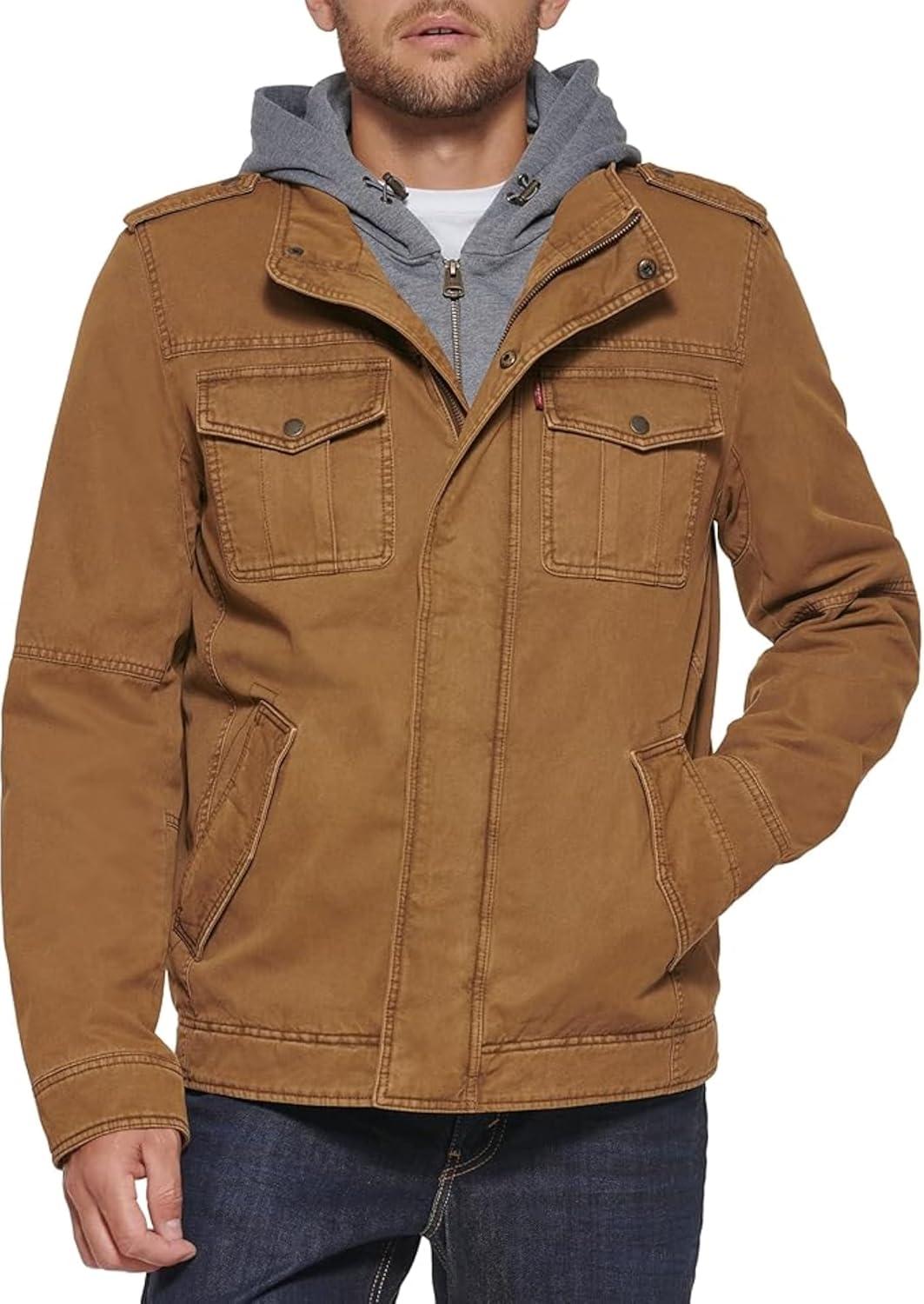 imageLevis Mens Washed Cotton Hooded Military Jacket Regular amp Big amp Tall SizesWorker BrownSherpa Lined