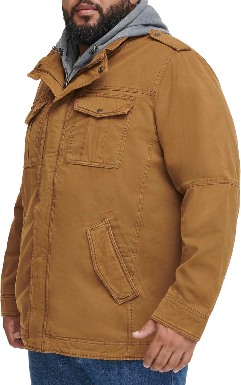 imageLevis Mens Washed Cotton Hooded Military Jacket Regular amp Big amp Tall SizesWorker BrownSherpa Lined