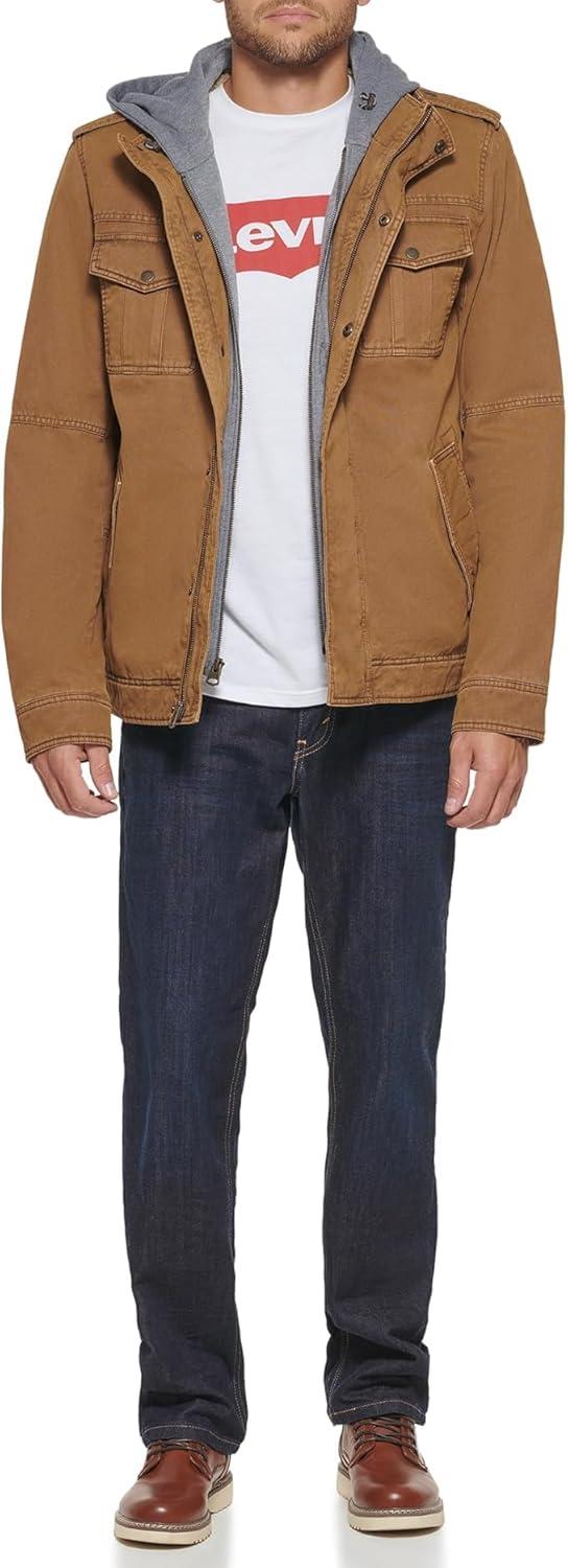 imageLevis Mens Washed Cotton Hooded Military Jacket Regular amp Big amp Tall SizesWorker BrownSherpa Lined