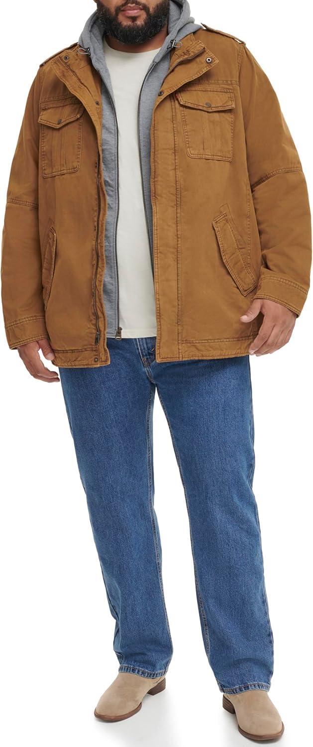imageLevis Mens Washed Cotton Hooded Military Jacket Regular amp Big amp Tall SizesWorker BrownSherpa Lined