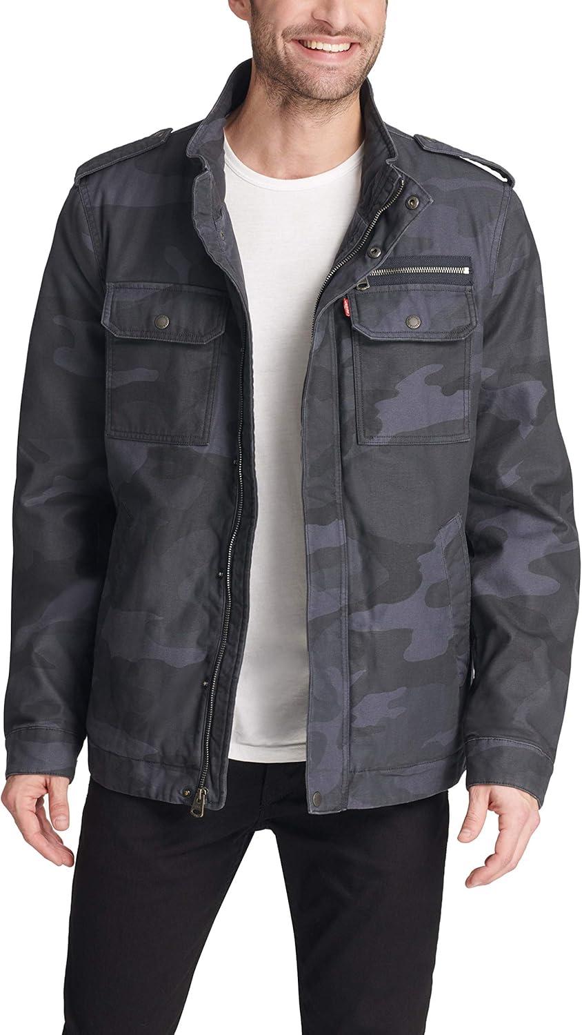 imageLevis Mens Washed Cotton Military Jacket Regular amp Big amp Tall SizesBlue Camo Filled