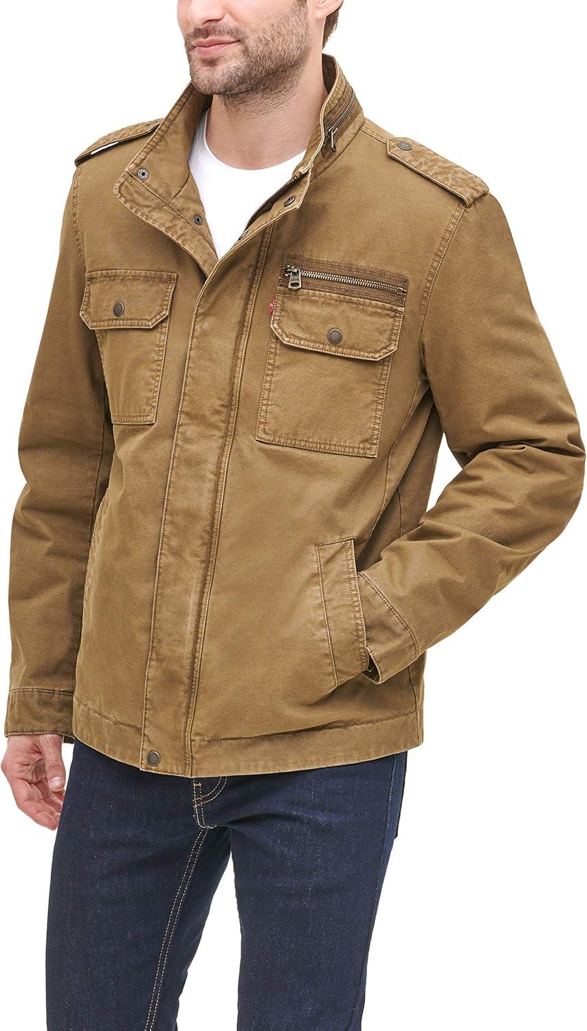 imageLevis Mens Washed Cotton Military Jacket Regular amp Big amp Tall SizesKhaki Filled