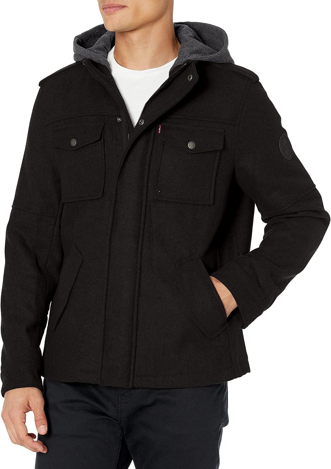 imageLevis Mens Wool Blend Hooded Military JacketBlack