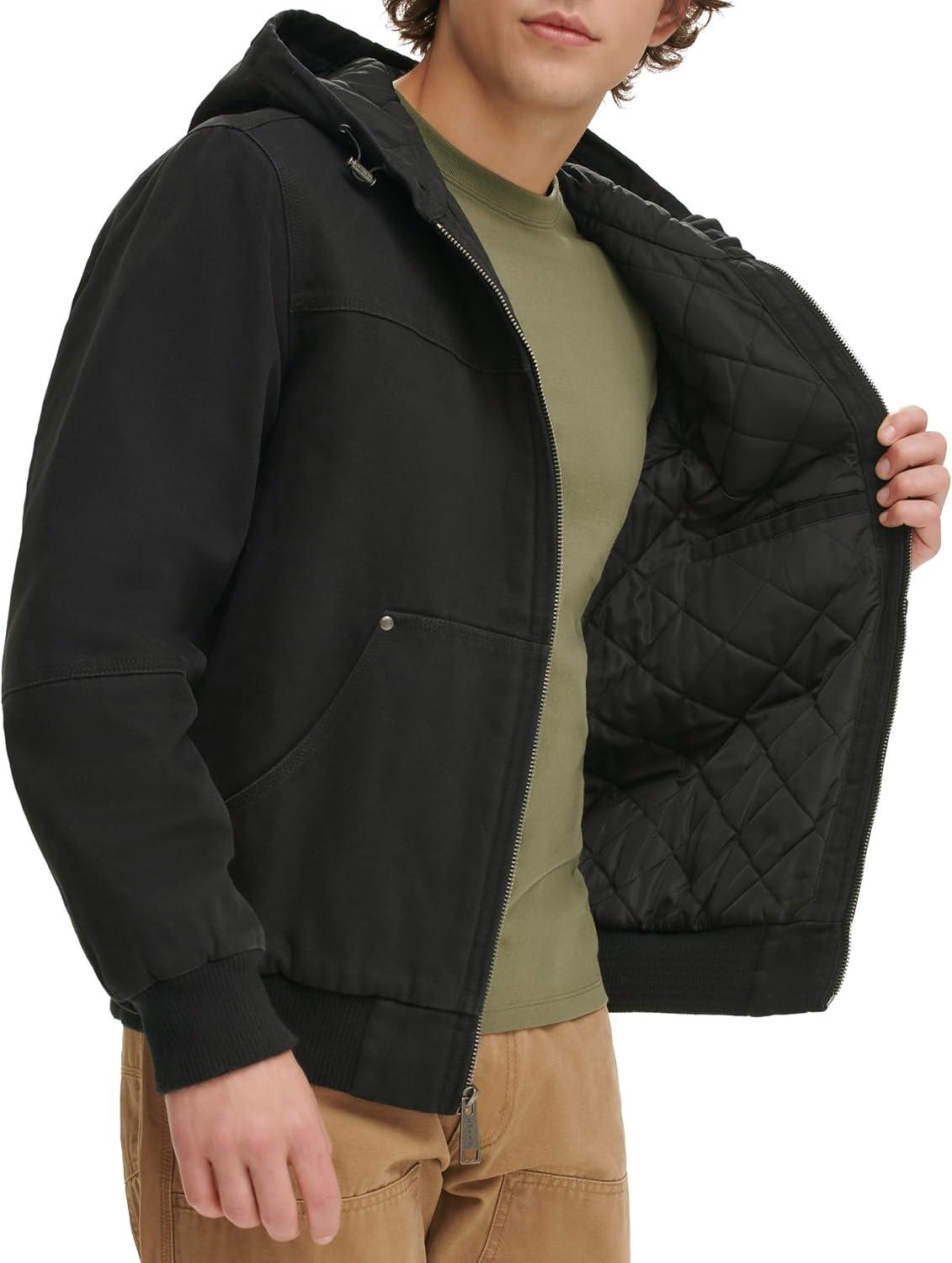 imageLevis Mens Workwear Cotton Canvas Hooded Bomber JacketBlack Quilted Lining