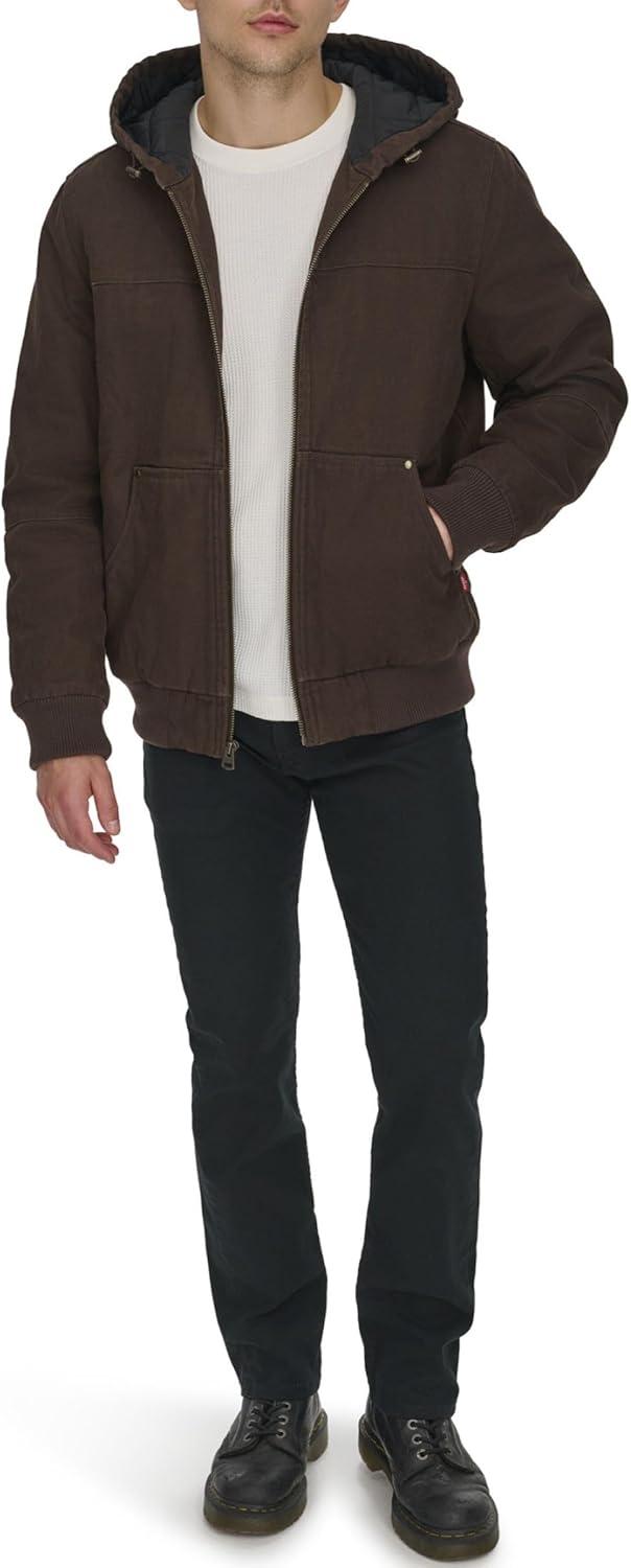 imageLevis Mens Workwear Cotton Canvas Hooded Bomber JacketChocolate Brown Quilted