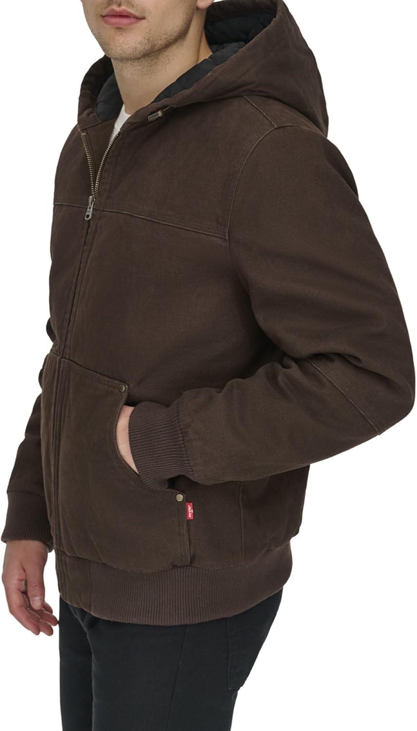 imageLevis Mens Workwear Cotton Canvas Hooded Bomber JacketChocolate Brown Quilted
