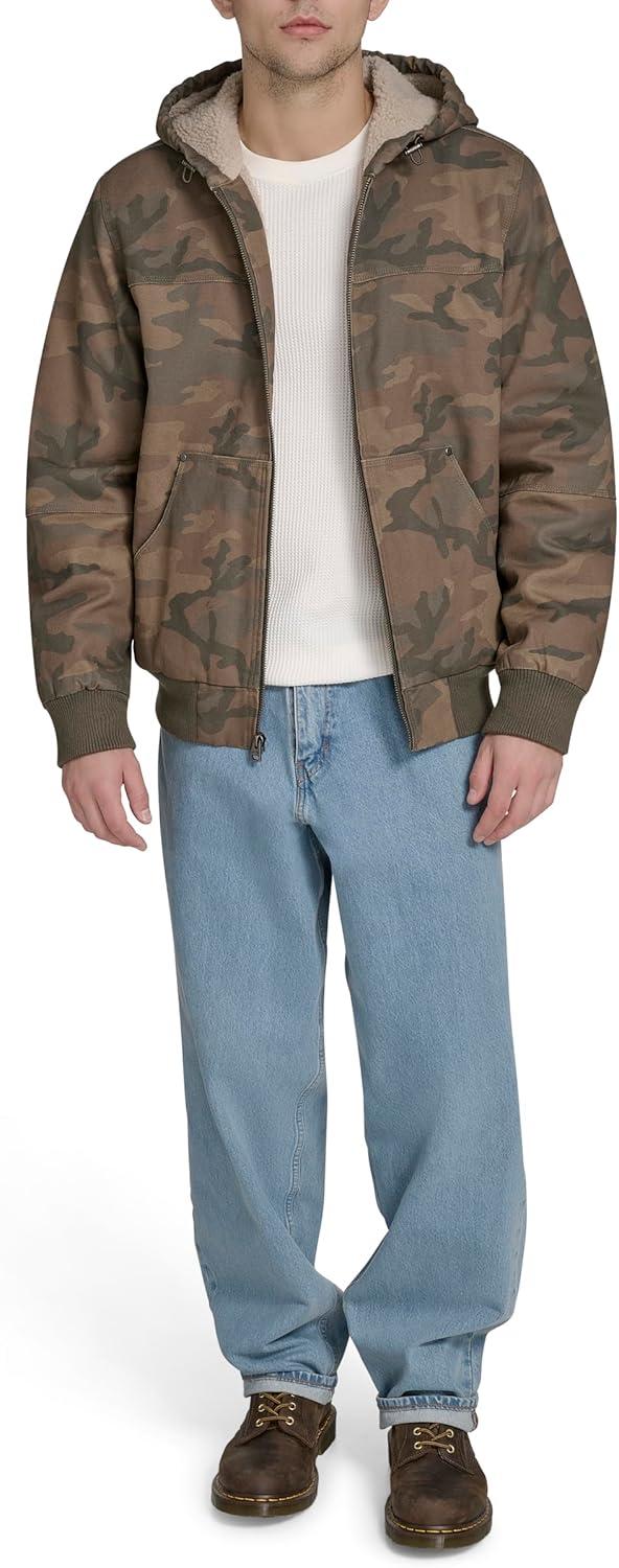 imageLevis Mens Workwear Cotton Canvas Hooded Bomber JacketFaded Camo Sherpa