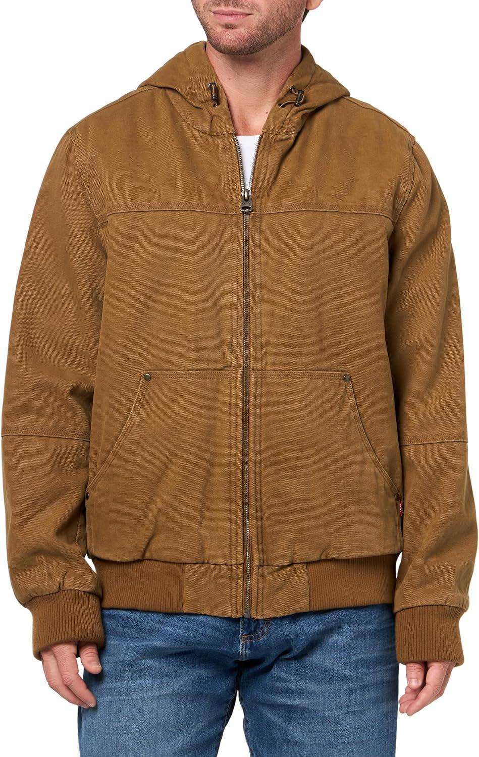 imageLevis Mens Workwear Cotton Canvas Hooded Bomber JacketNew Brown Quilted