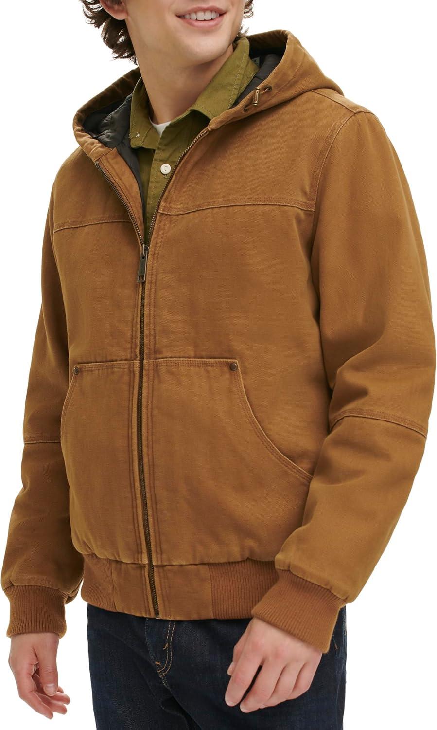 imageLevis Mens Workwear Cotton Canvas Hooded Bomber JacketNew Brown Quilted
