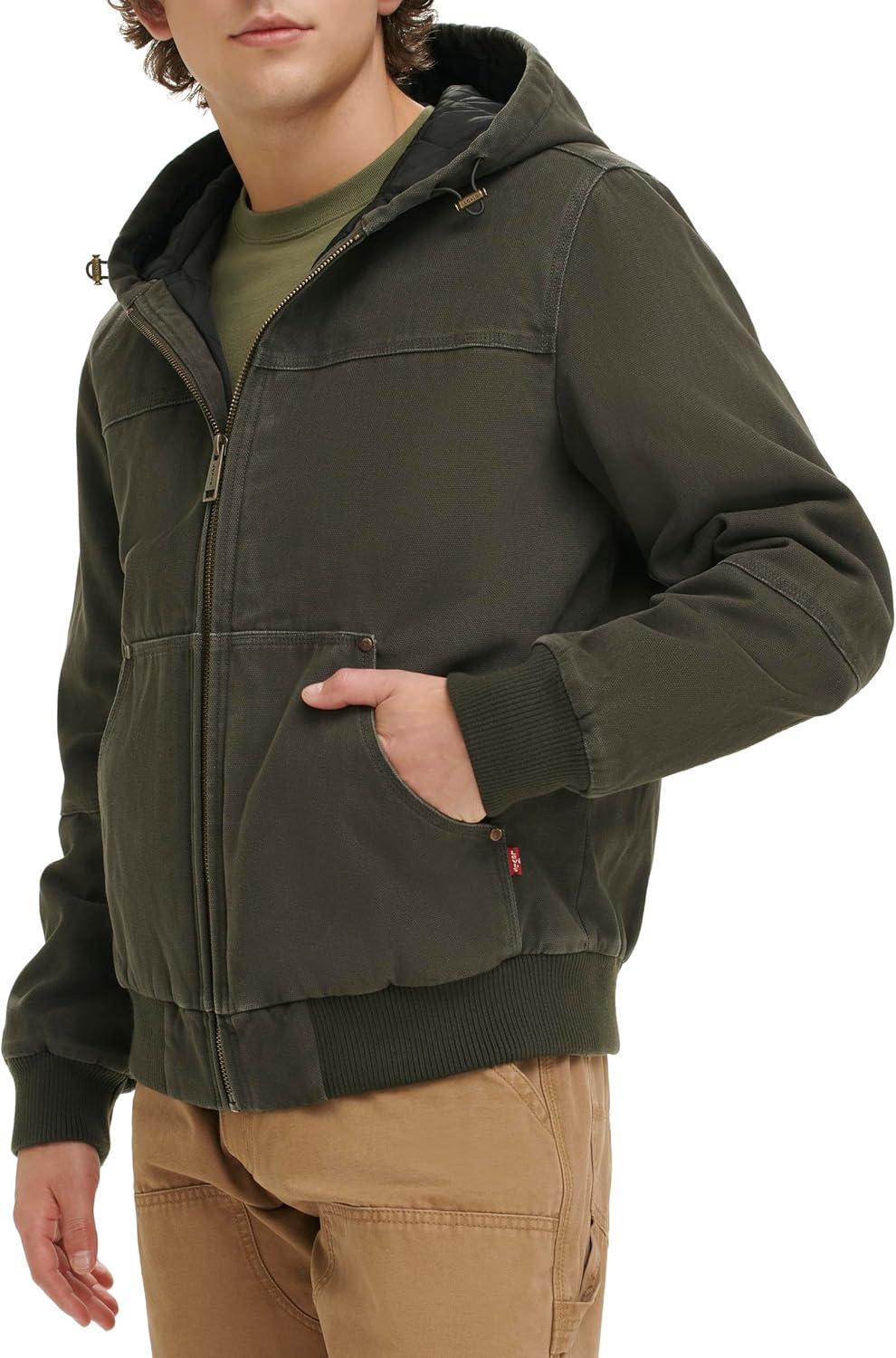 imageLevis Mens Workwear Cotton Canvas Hooded Bomber JacketOlive Quilted Lining