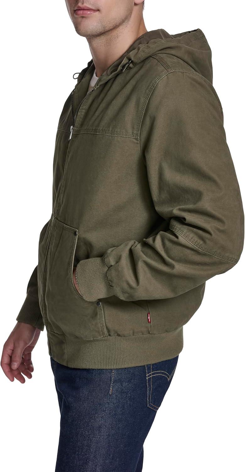 imageLevis Mens Workwear Cotton Canvas Hooded Bomber JacketOlive Tree Lightweight