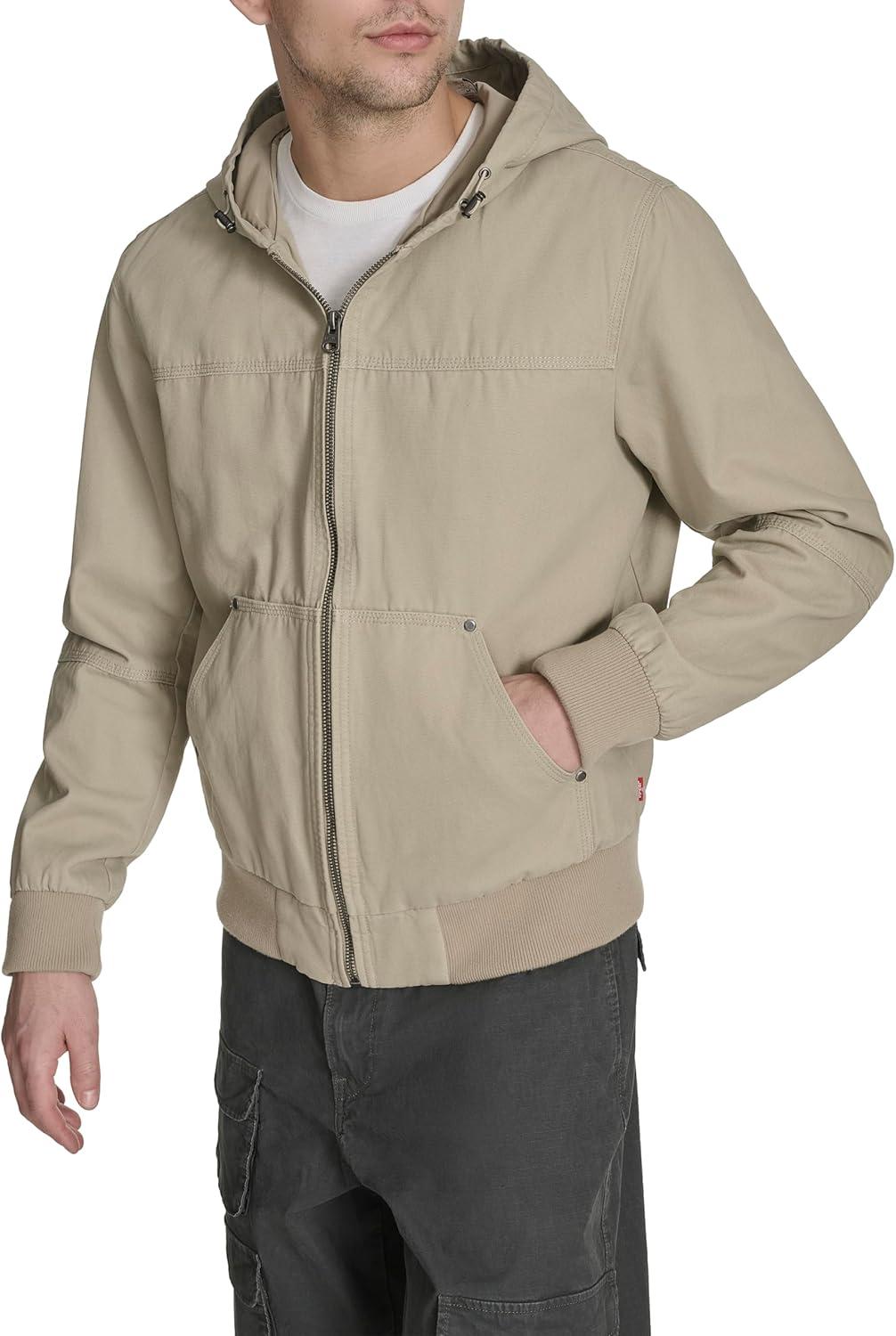imageLevis Mens Workwear Cotton Canvas Hooded Bomber JacketStone Lightweight