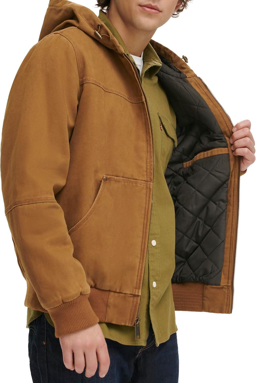imageLevis Mens Workwear Cotton Canvas Hooded Bomber JacketWorker Brown Quilted Lining
