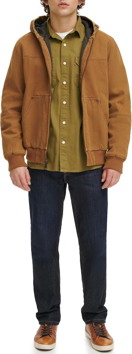 imageLevis Mens Workwear Cotton Canvas Hooded Bomber JacketWorker Brown Quilted Lining