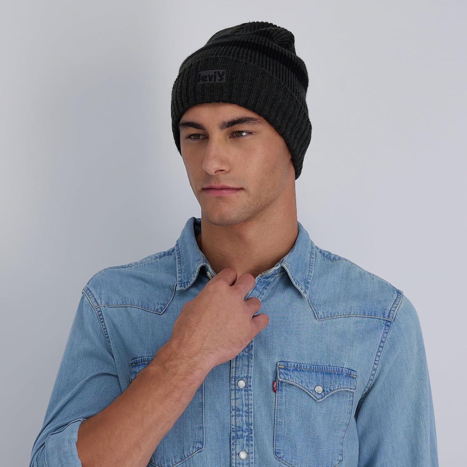 imageLevis Unisex Adult Knit Cuffed All Season Beanie HatStriped Charcoal