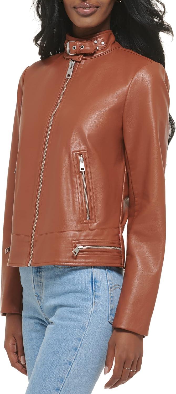 imageLevis Womens Faux Leather Motocross Racer Jacket Standard and PlusCamel Brown Latch Collar