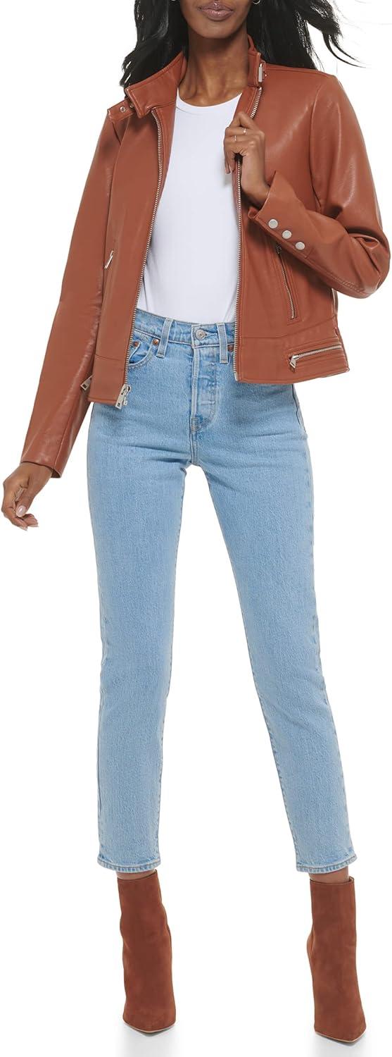 imageLevis Womens Faux Leather Motocross Racer Jacket Standard and PlusCamel Brown Latch Collar