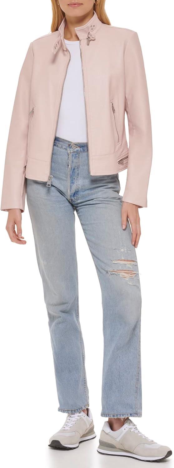 imageLevis Womens Faux Leather Motocross Racer Jacket Standard and PlusPeach Blossom Latch Collar