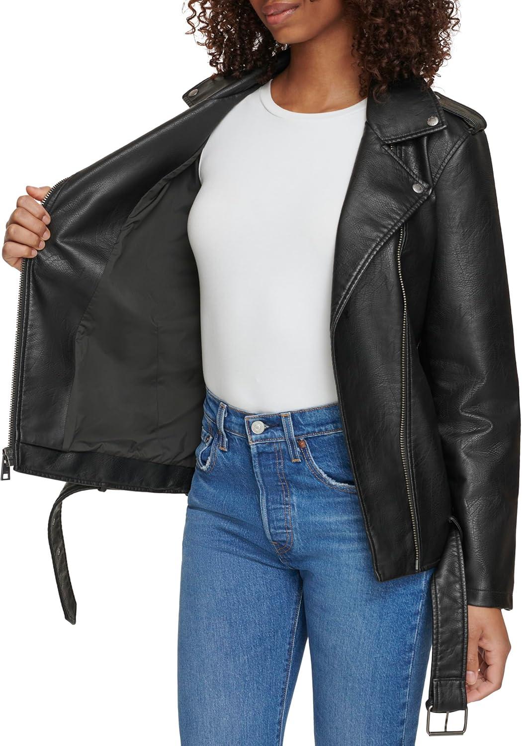 imageLevis Womens Oversized Faux Leather Belted Motorcycle Jacket Standard amp Plus SizesBlack
