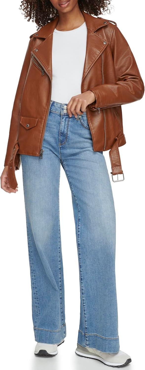 imageLevis Womens Oversized Faux Leather Belted Motorcycle Jacket Standard amp Plus SizesEquestrian Brown