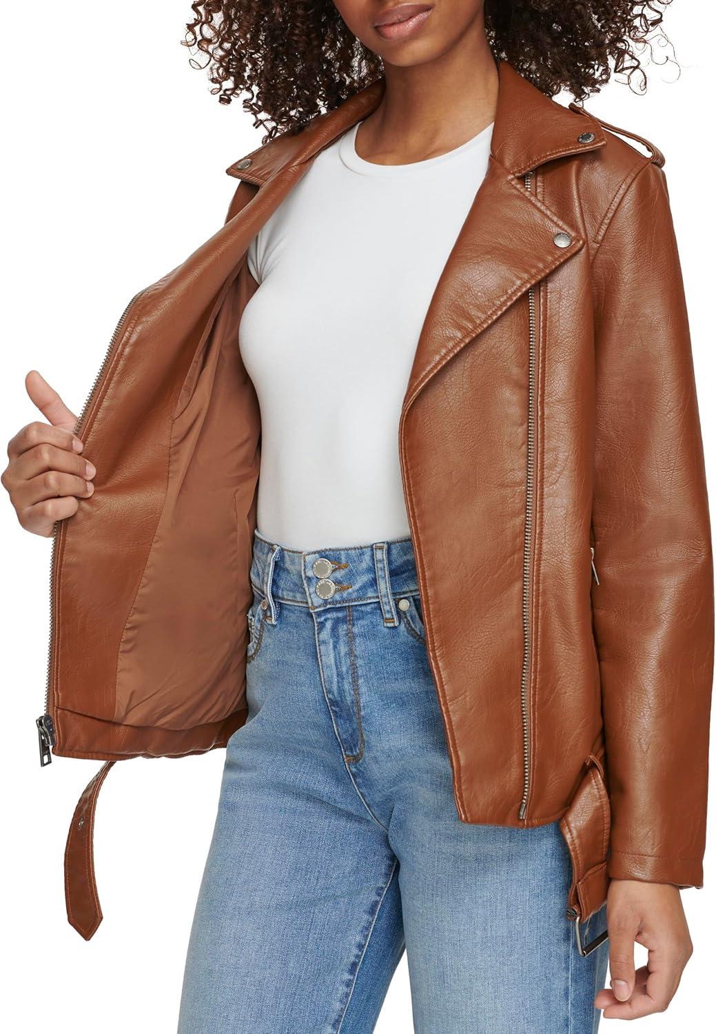 imageLevis Womens Oversized Faux Leather Belted Motorcycle Jacket Standard amp Plus SizesEquestrian Brown