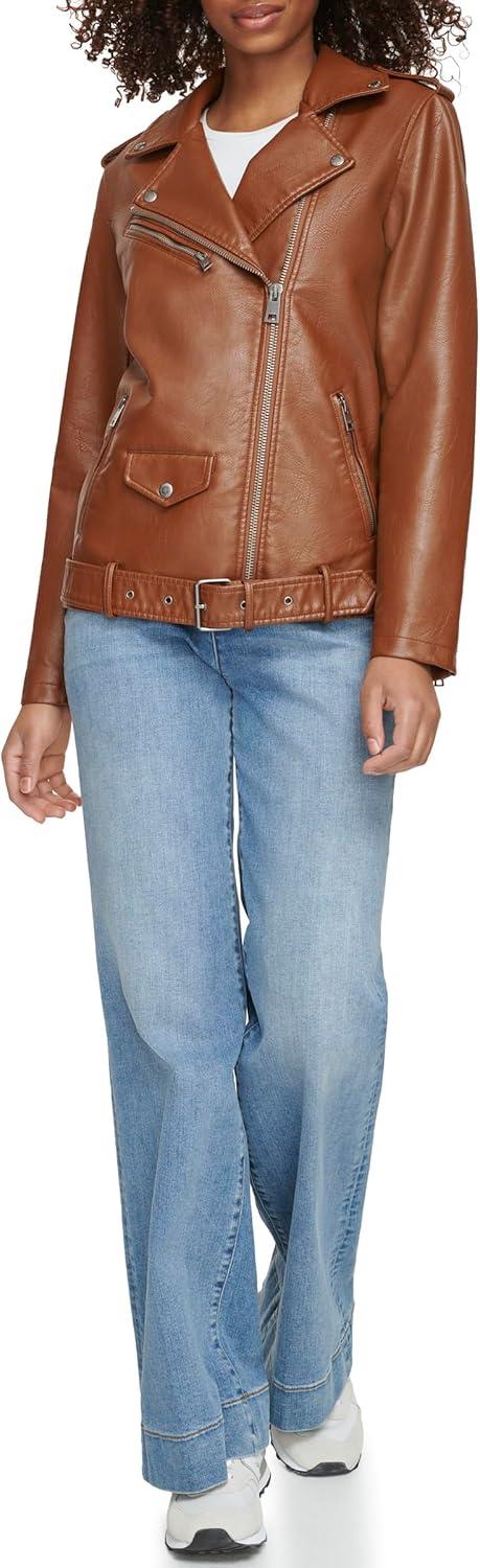 imageLevis Womens Oversized Faux Leather Belted Motorcycle Jacket Standard amp Plus SizesEquestrian Brown