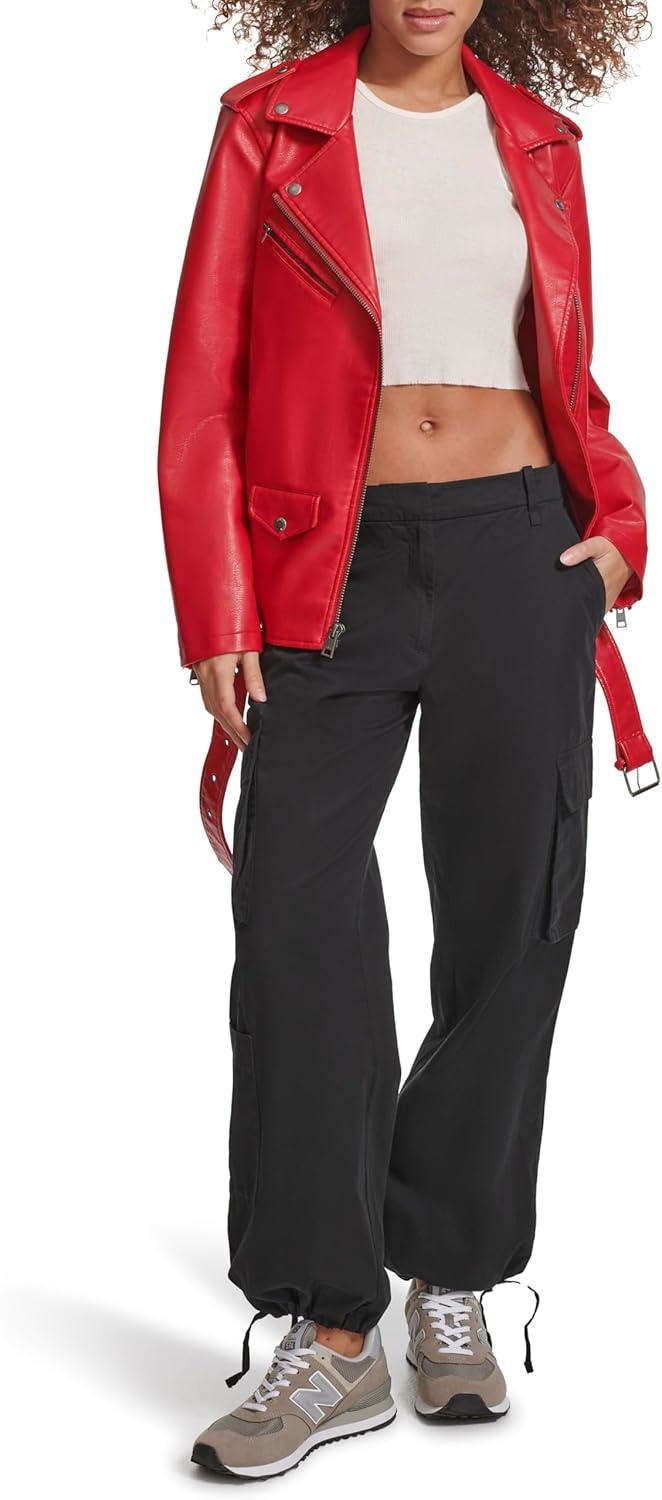 imageLevis Womens Oversized Faux Leather Belted Motorcycle Jacket Standard amp Plus SizesRed