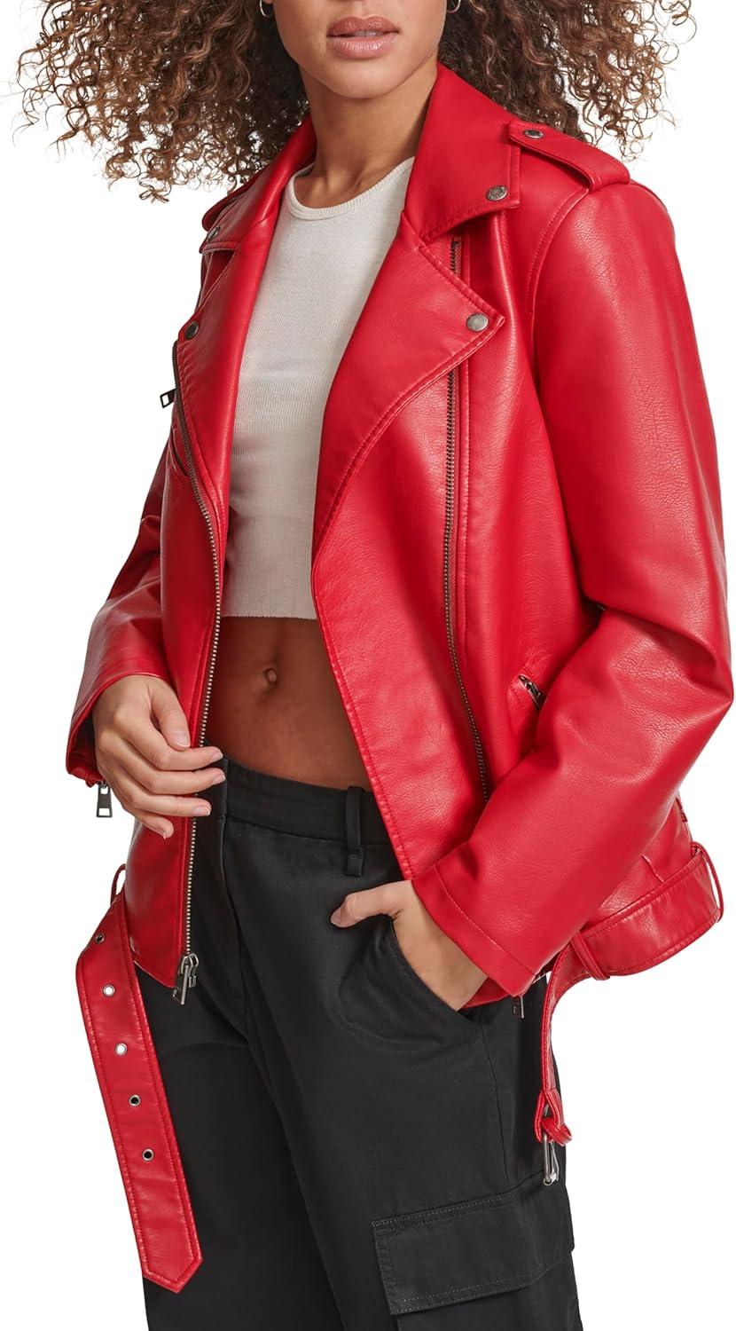 imageLevis Womens Oversized Faux Leather Belted Motorcycle Jacket Standard amp Plus SizesRed