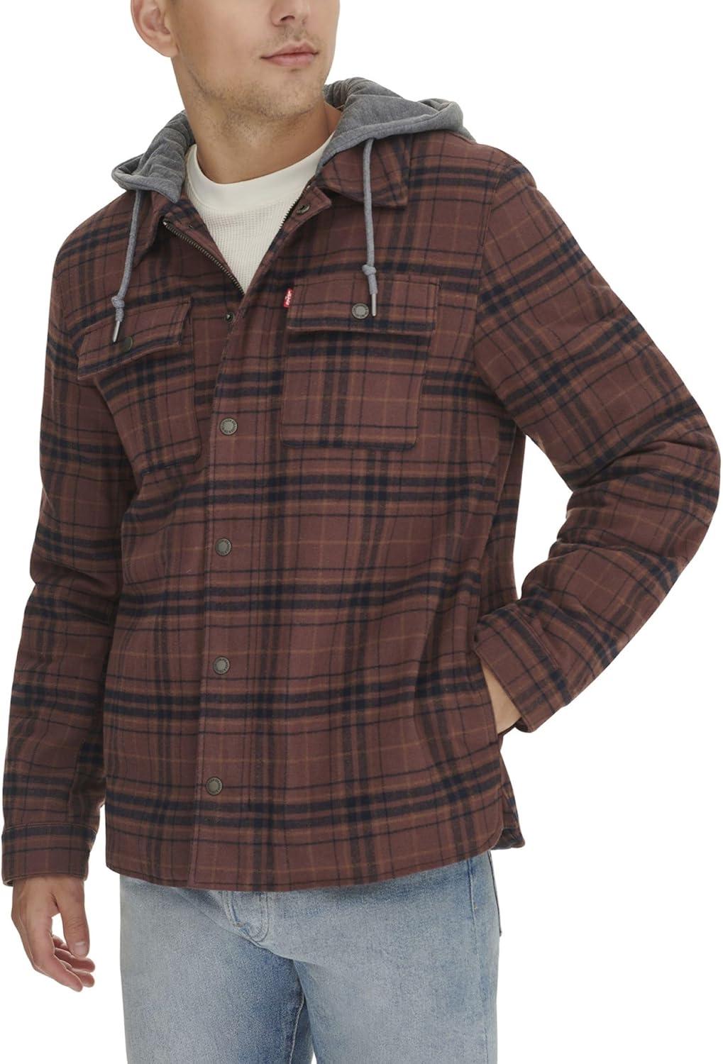 imageLevis mens Plaid Sherpa Lined Hooded Shirt Jacket Regular amp Big amp Tall SizesBitter Chocolate Plaid