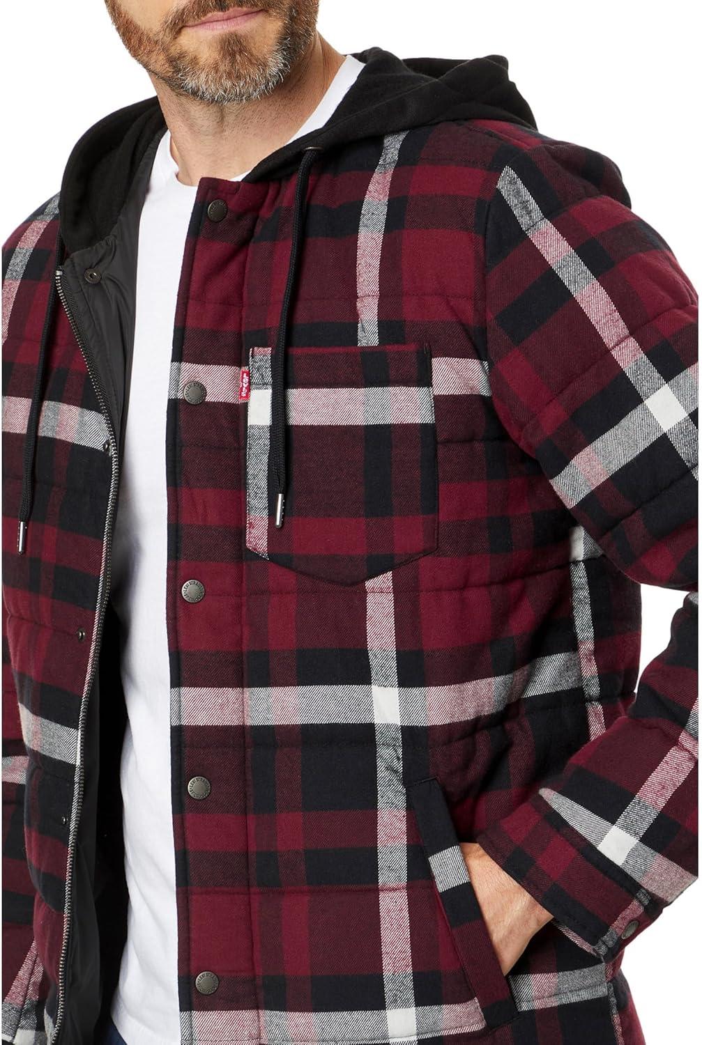 imageLevis mens Plaid Sherpa Lined Hooded Shirt Jacket Regular amp Big amp Tall SizesBlack Faux Shearling
