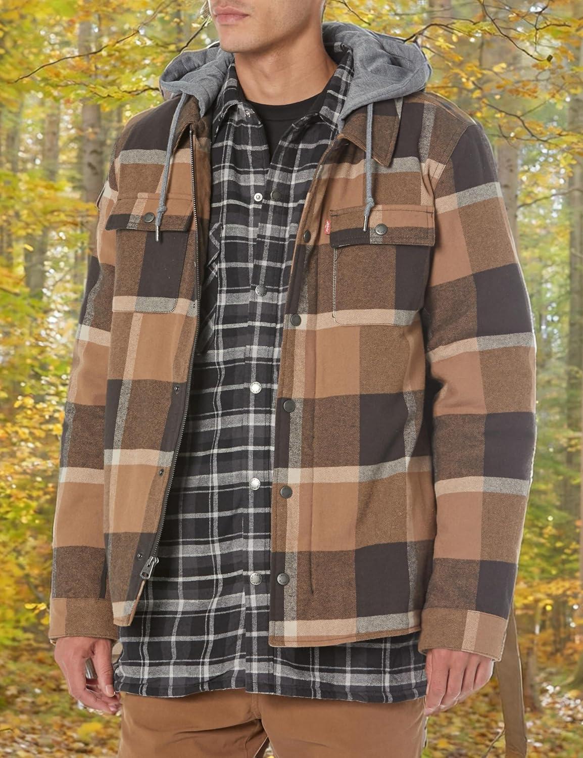 imageLevis mens Plaid Sherpa Lined Hooded Shirt Jacket Regular amp Big amp Tall SizesBrown Caf Plaid