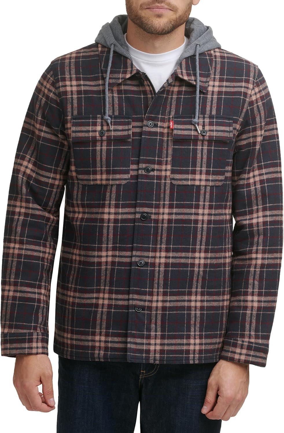 imageLevis mens Plaid Sherpa Lined Hooded Shirt Jacket Regular amp Big amp Tall SizesBrown Glen Plaid