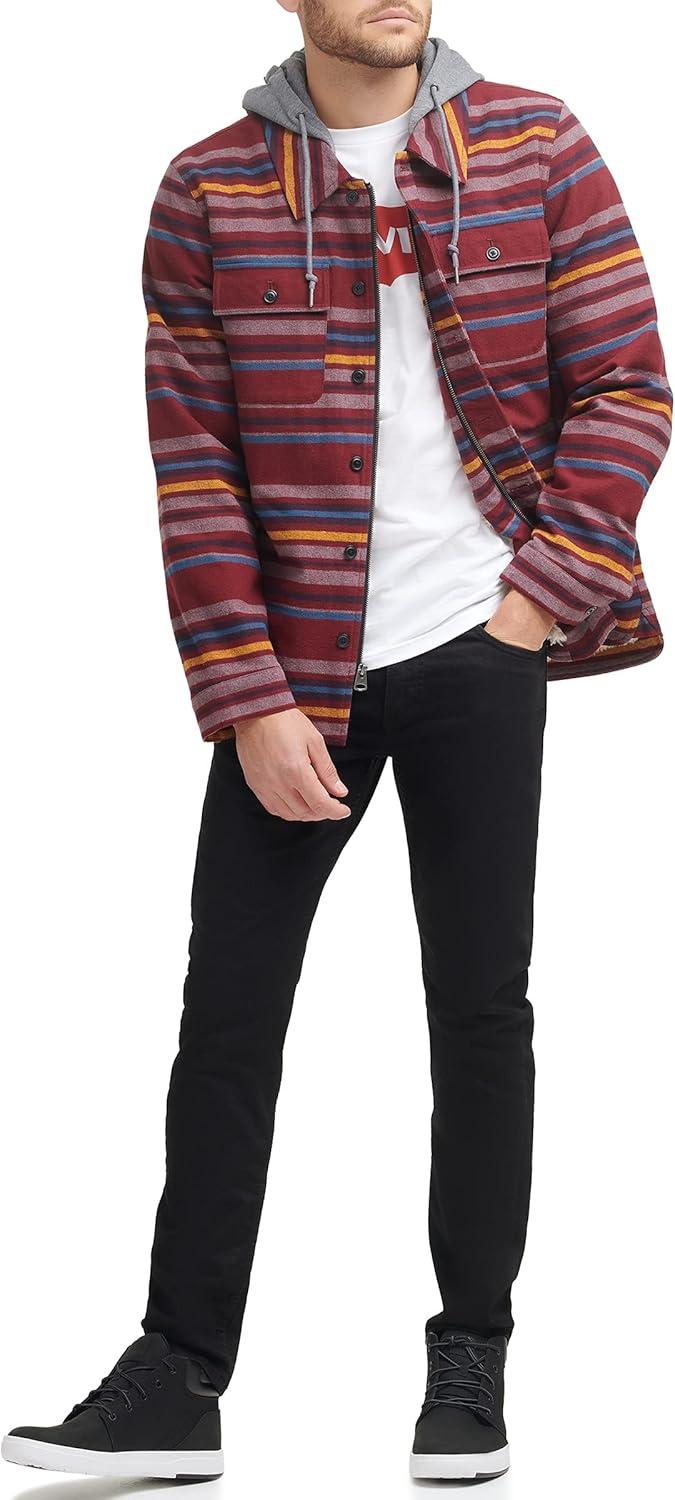imageLevis mens Plaid Sherpa Lined Hooded Shirt Jacket Regular amp Big amp Tall SizesBurgundy Stripe Plaid
