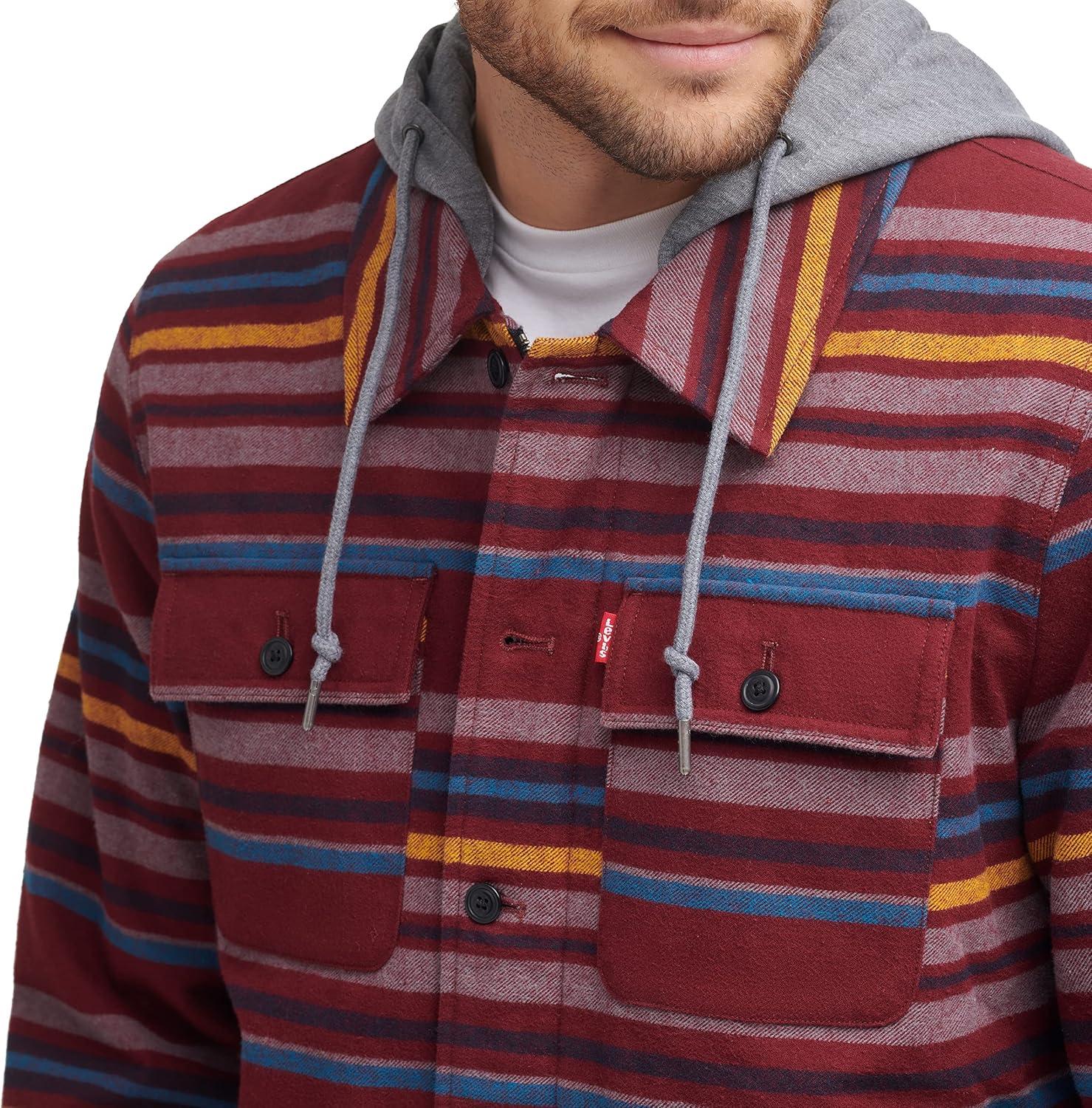 imageLevis mens Plaid Sherpa Lined Hooded Shirt Jacket Regular amp Big amp Tall SizesBurgundy Stripe Plaid