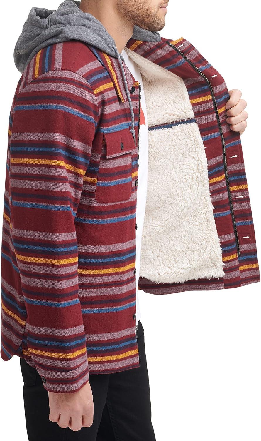 imageLevis mens Plaid Sherpa Lined Hooded Shirt Jacket Regular amp Big amp Tall SizesBurgundy Stripe Plaid