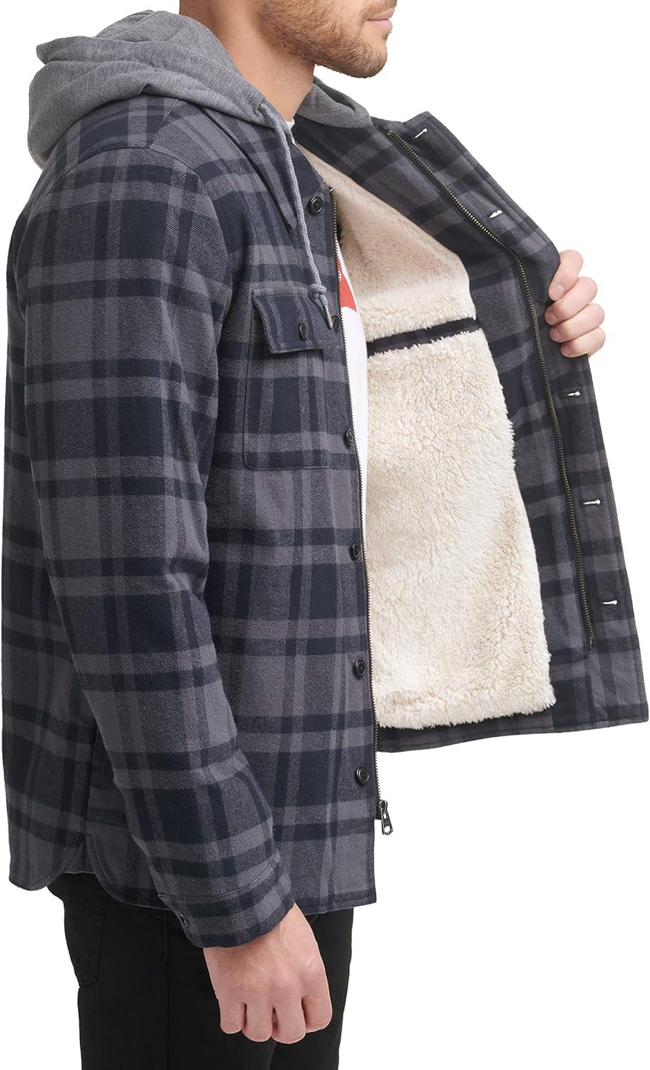 imageLevis mens Plaid Sherpa Lined Hooded Shirt Jacket Regular amp Big amp Tall SizesGreyNavy Plaid