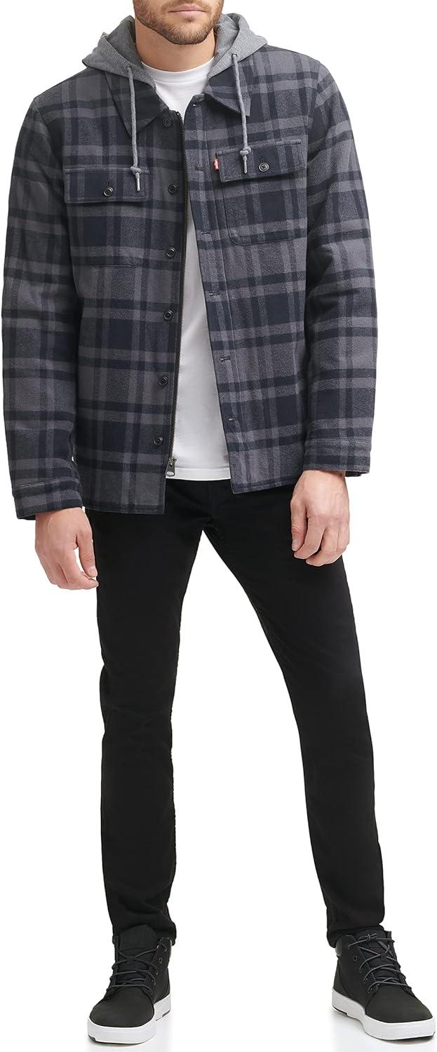 imageLevis mens Plaid Sherpa Lined Hooded Shirt Jacket Regular amp Big amp Tall SizesGreyNavy Plaid