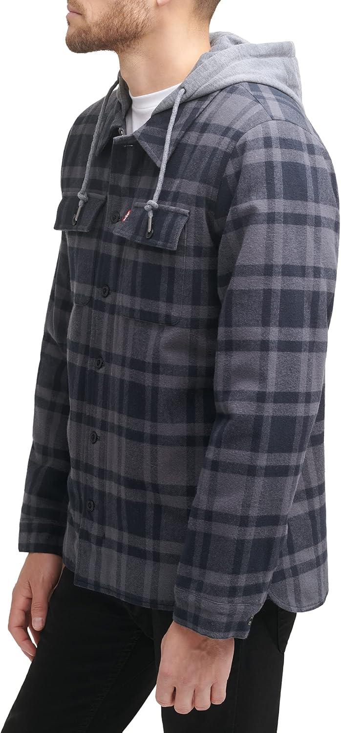 imageLevis mens Plaid Sherpa Lined Hooded Shirt Jacket Regular amp Big amp Tall SizesGreyNavy Plaid