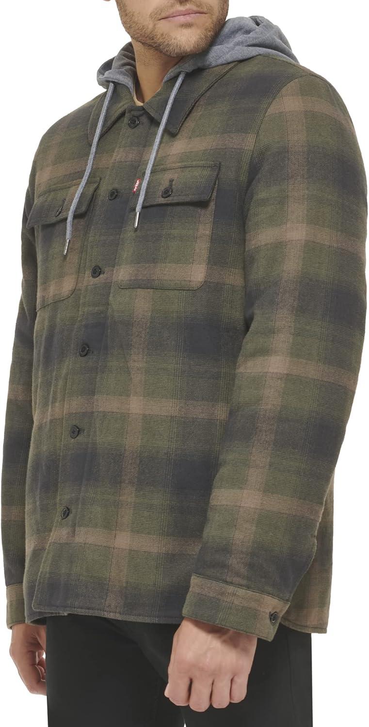 imageLevis mens Plaid Sherpa Lined Hooded Shirt Jacket Regular amp Big amp Tall SizesHooded Green Ombre Plaid