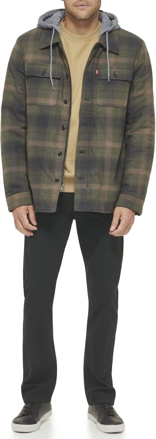 imageLevis mens Plaid Sherpa Lined Hooded Shirt Jacket Regular amp Big amp Tall SizesHooded Green Ombre Plaid