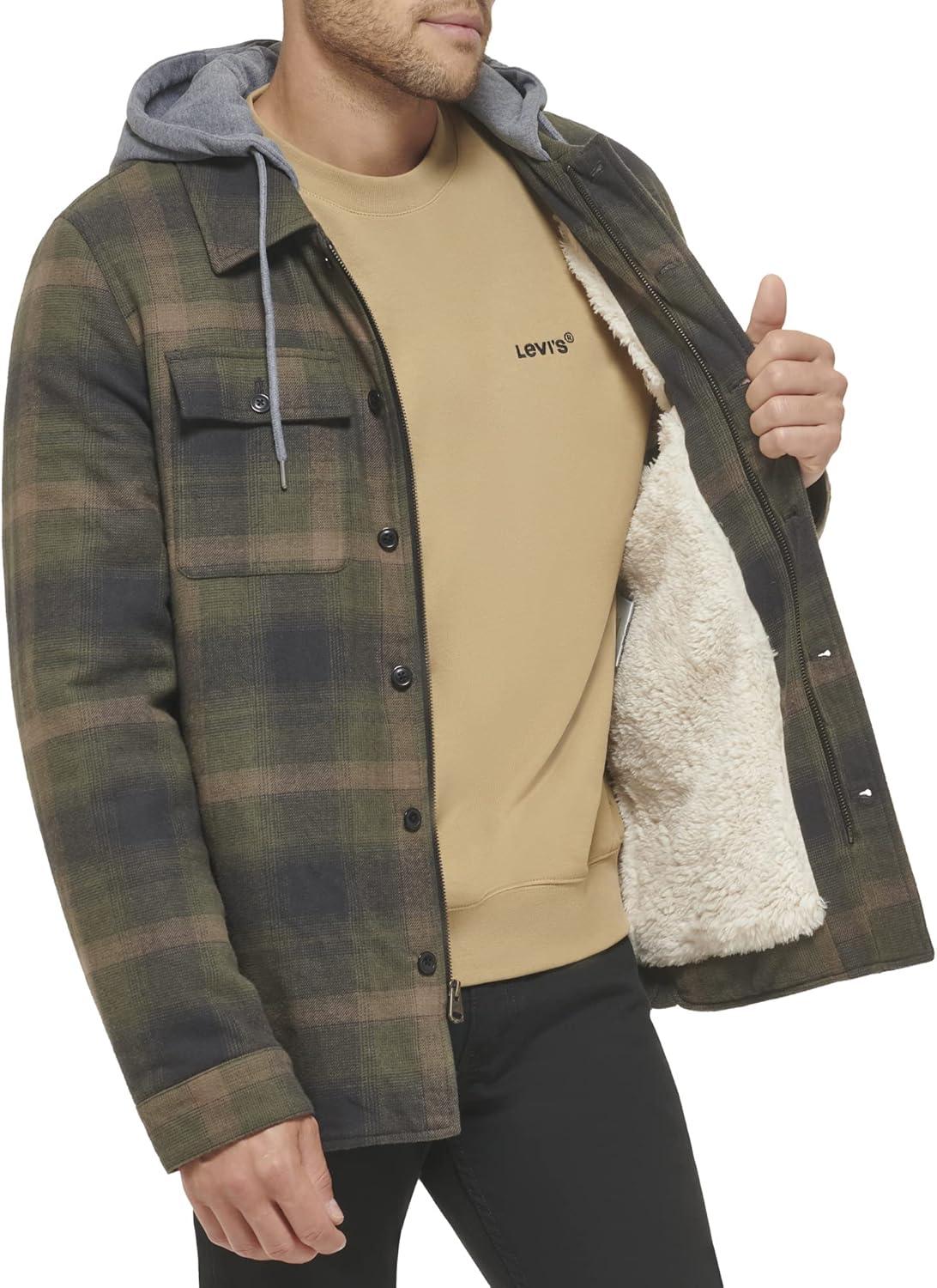 imageLevis mens Plaid Sherpa Lined Hooded Shirt Jacket Regular amp Big amp Tall SizesHooded Green Ombre Plaid