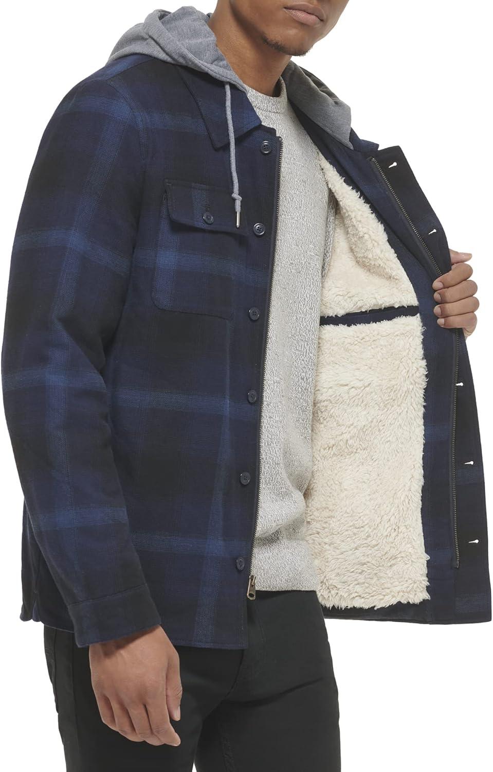 imageLevis mens Plaid Sherpa Lined Hooded Shirt Jacket Regular amp Big amp Tall SizesHooded Navy Ombre Plaid