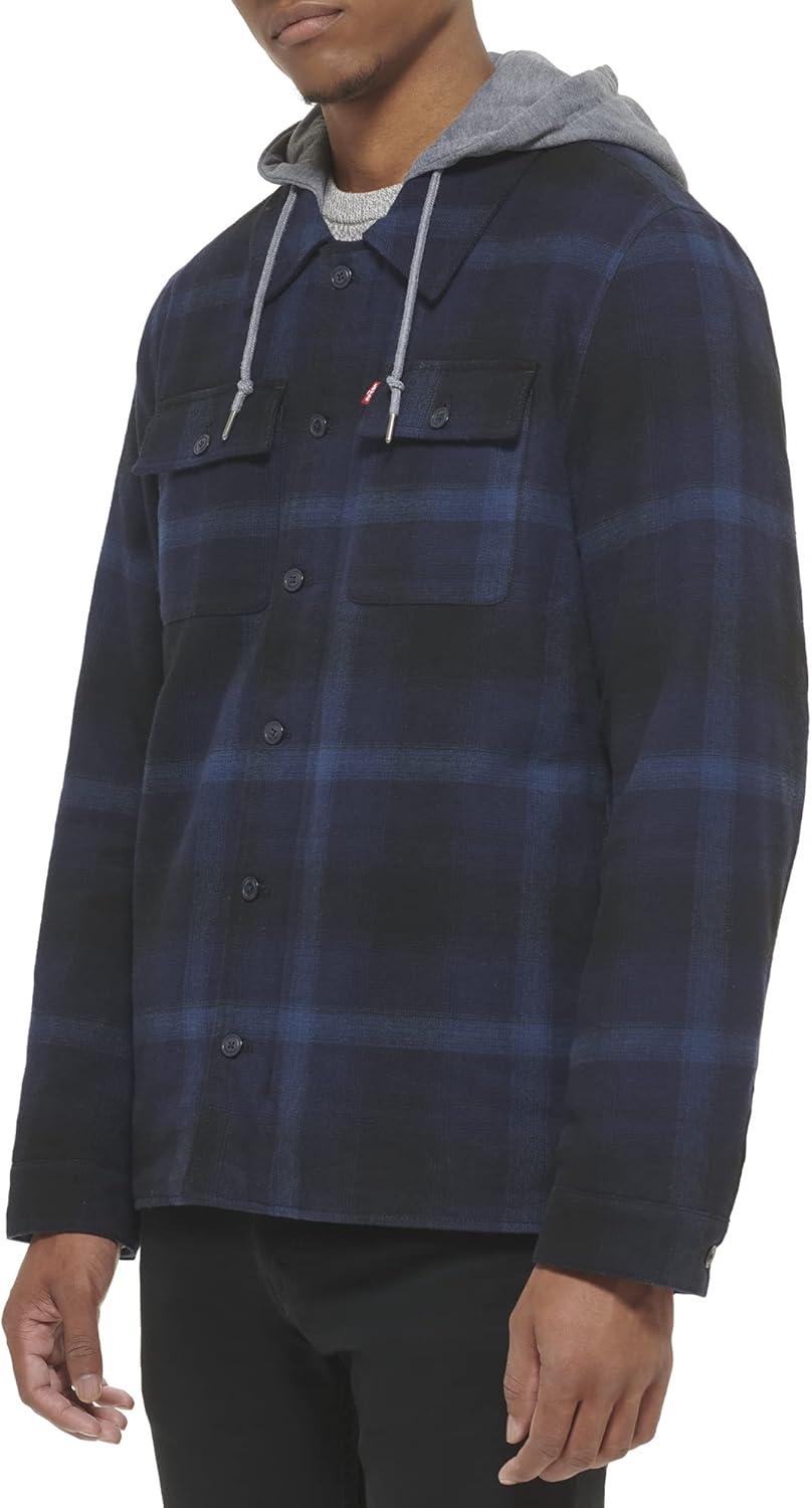 imageLevis mens Plaid Sherpa Lined Hooded Shirt Jacket Regular amp Big amp Tall SizesHooded Navy Ombre Plaid