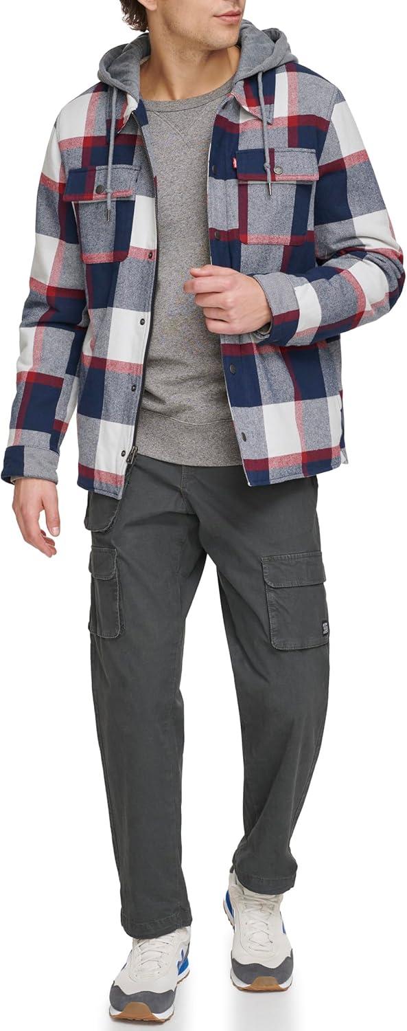 imageLevis mens Plaid Sherpa Lined Hooded Shirt Jacket Regular amp Big amp Tall SizesNavyRed Skater Plaid